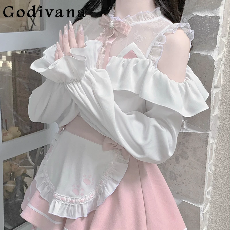 

Japanese Style Lolita Outfits for Girls Original Design Off Shoulder Shirt Pink Mini Skirt Suits Women Cute Sweet Lace Set