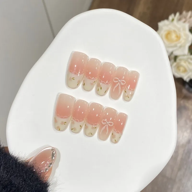 

10 Шт Весна и Лето Маленький Цветочный Французский Пресс Ручной Работы На Ногтях Лук Сладкий Кошачий Глаз Ложные Ногти Съемный Многоразовый