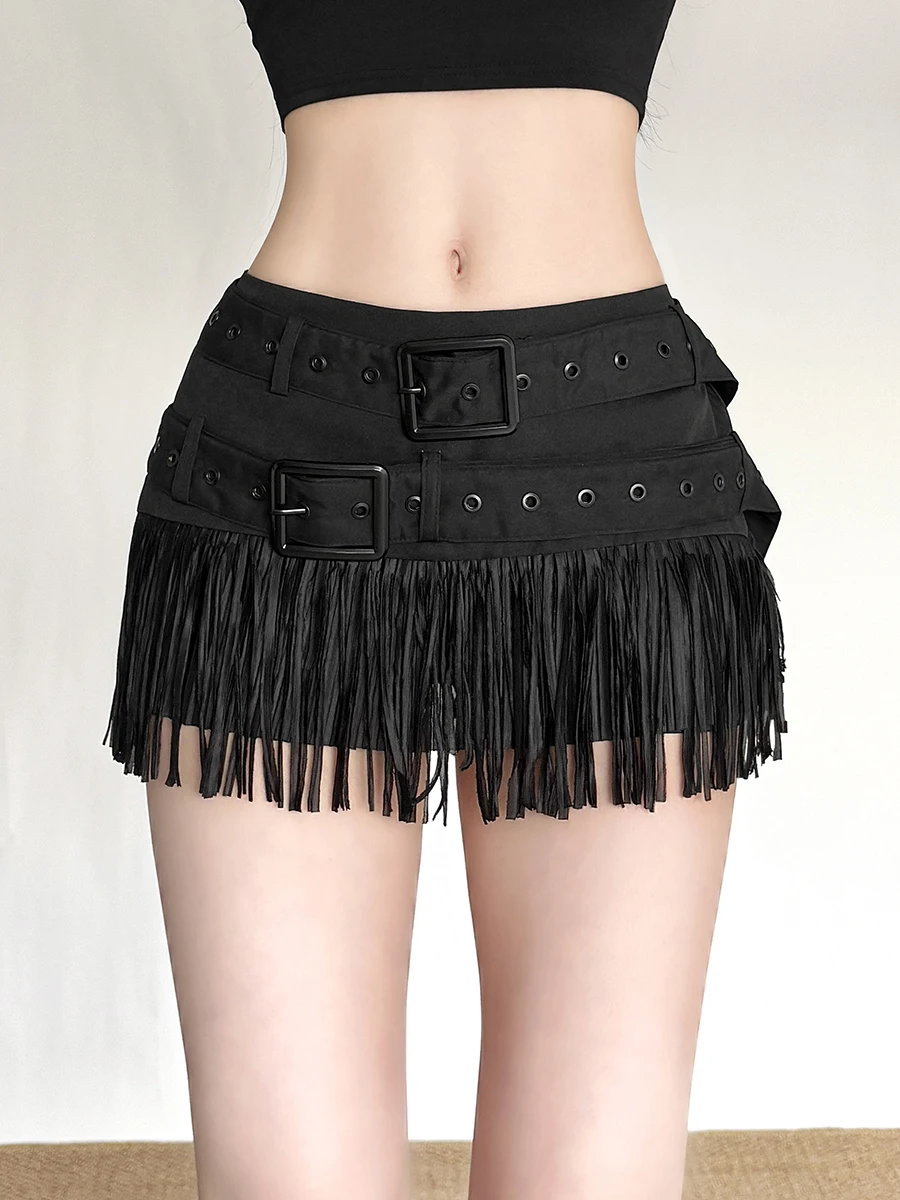 Low Waist Slim Fit Tassel Trim  Skirt with Double Belts Punk Street Style Women's Fashion Polyester Micro Elasticity