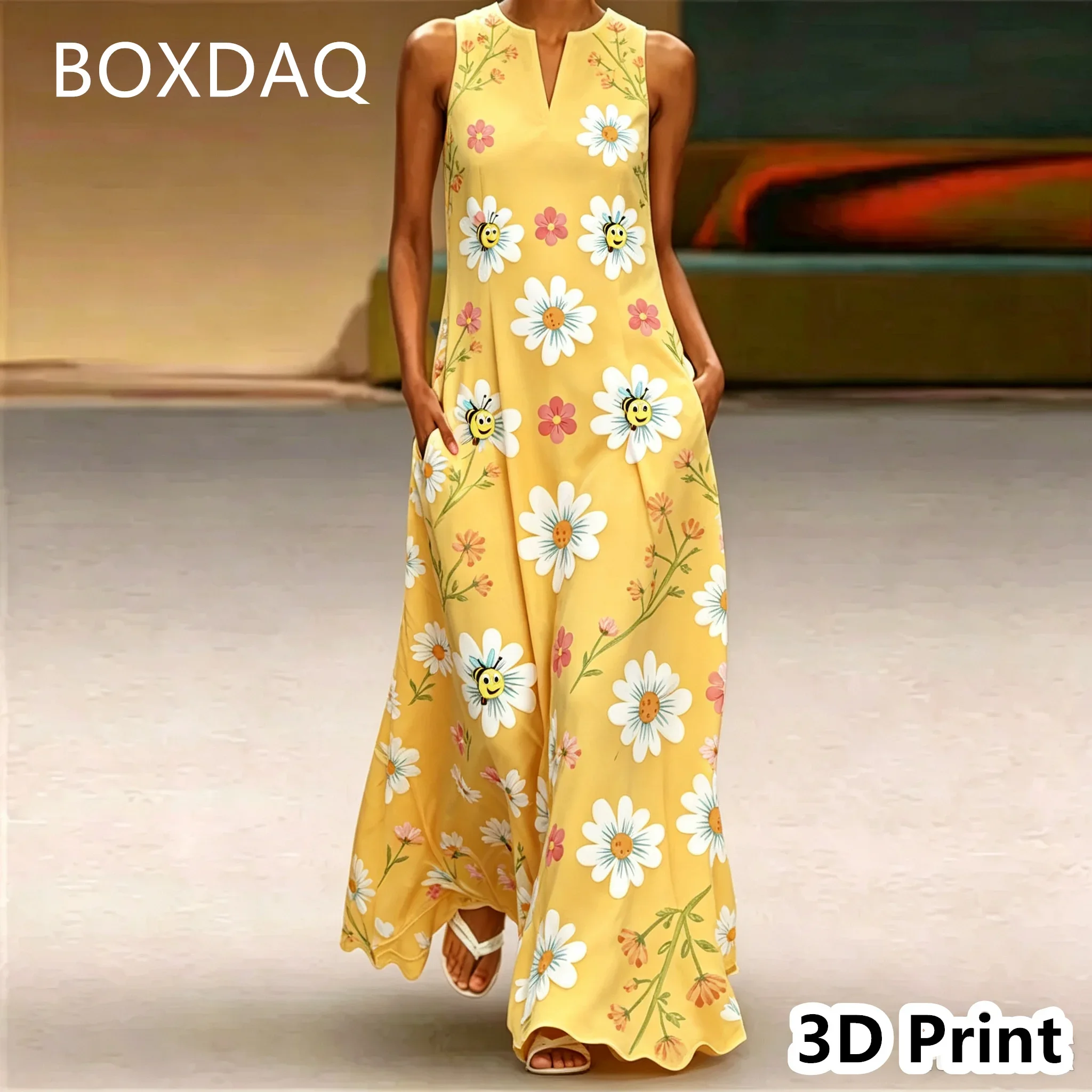 Casual Loose Women Long Dress Elegant Sunflower Print Sleeveless V-neck Maxi Dress Spring Summer Boho Vacation Beach Party Dress