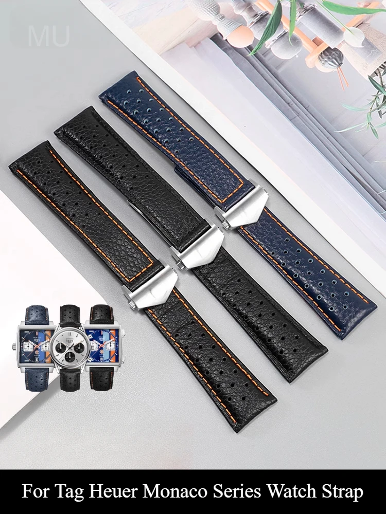 Black Blue Breathable Sweatproof Effective Antibacterial Genuine Leather Watchbands for Tag Heuer Monaco Gulf Cowhide Strap 22mm