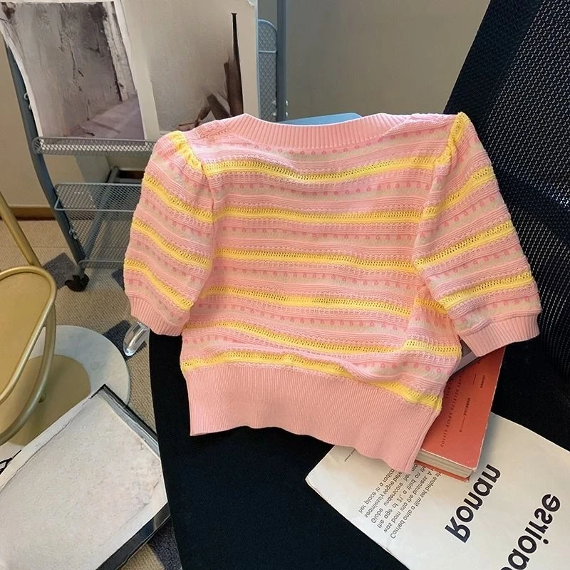 Sweet Floral Short T-shirts Knitted Stripes Puff Sleeve Hollow Out T Shirt For Women Korean Fashion Ropa De Mujer
