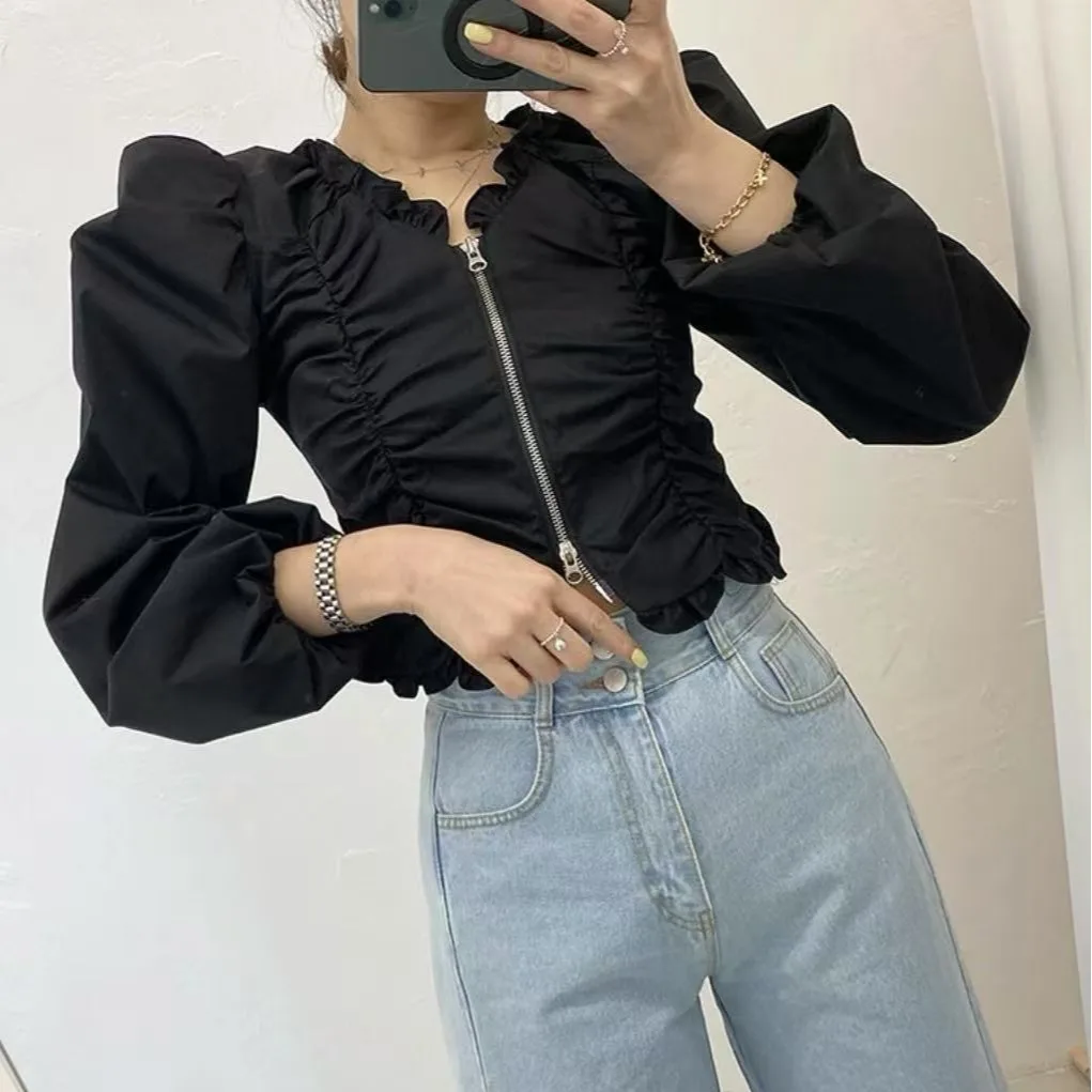 قميص نسائي بأكمام فقاعية قصيرة على الطراز الكوري، أزياء خريفية مبكرة، سترة أنيقة بسحاب وتصميم شخصي، قميص طويل الأكمام ضيق