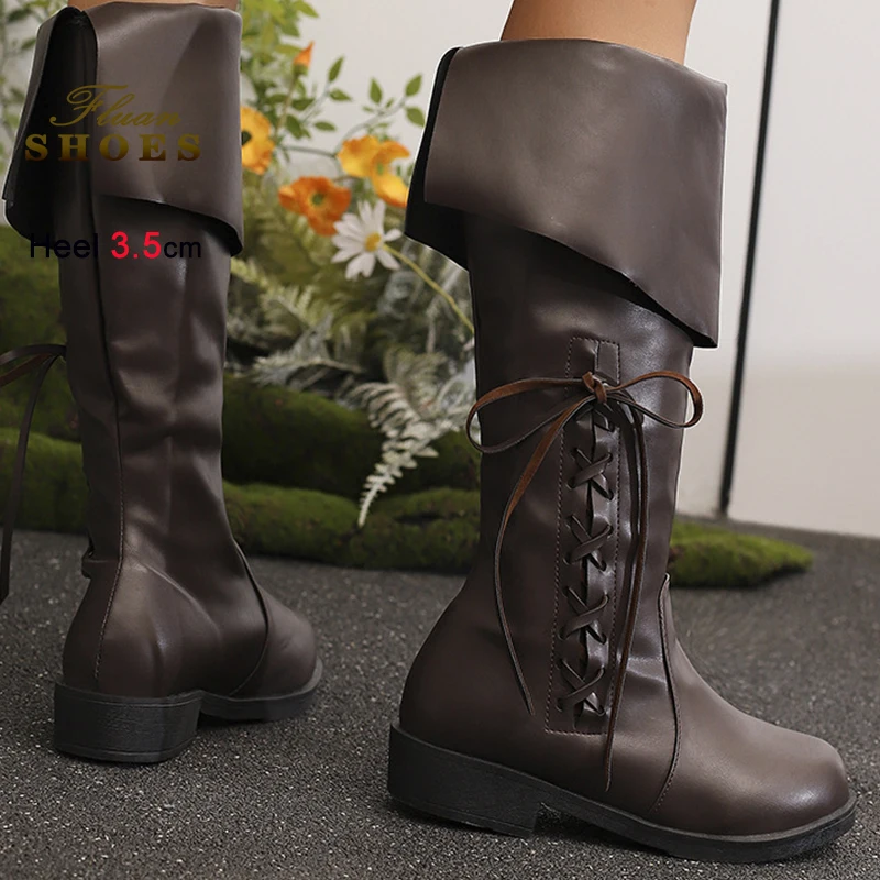 2025 خريف شتاء أسود المرأة أضعاف حذاء برقبة للركبة جولة تو الجانب الدانتيل يصل القوس رقيقة الكعوب 3.5 سنتيمتر تحول أكثر من حافة مدخنة الأحذية