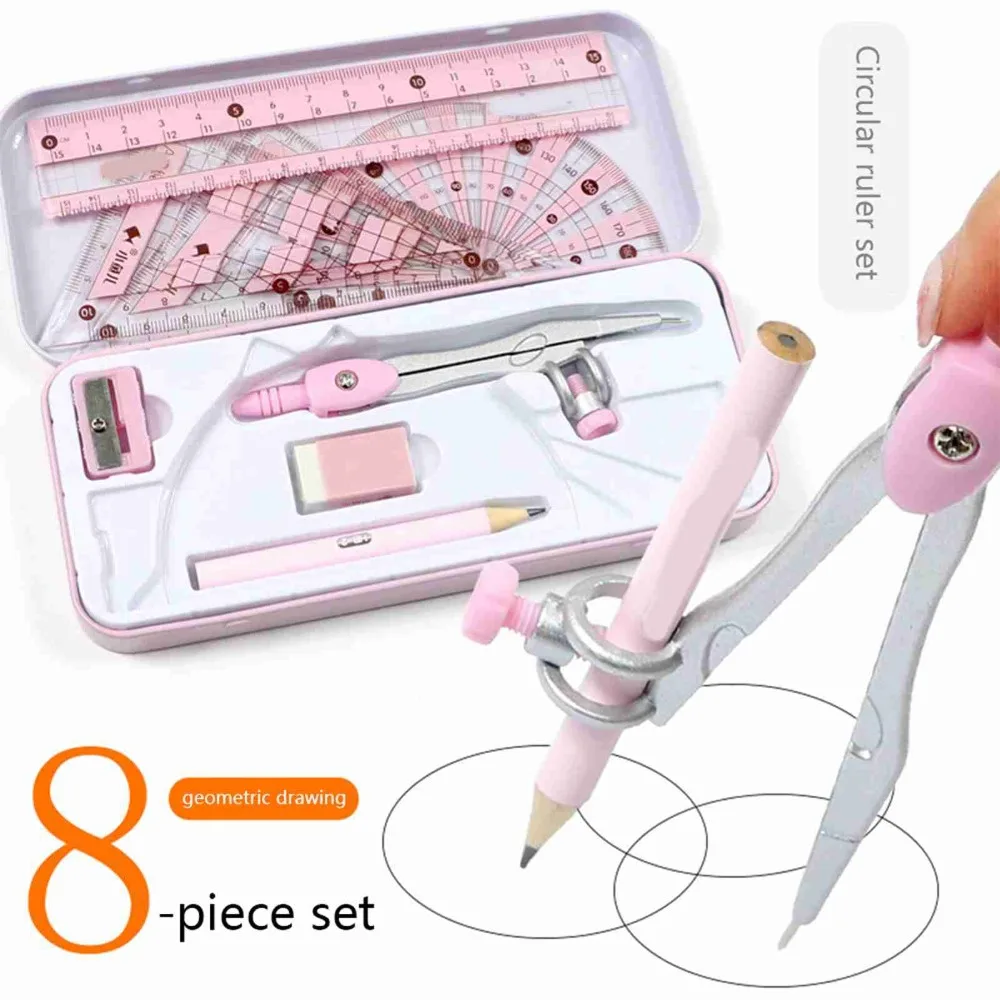 Durable Iron Box Compass Ruler Set Blue/Pink 160 * 65mm Tool Set Geometry Drawing Kit Math Learning