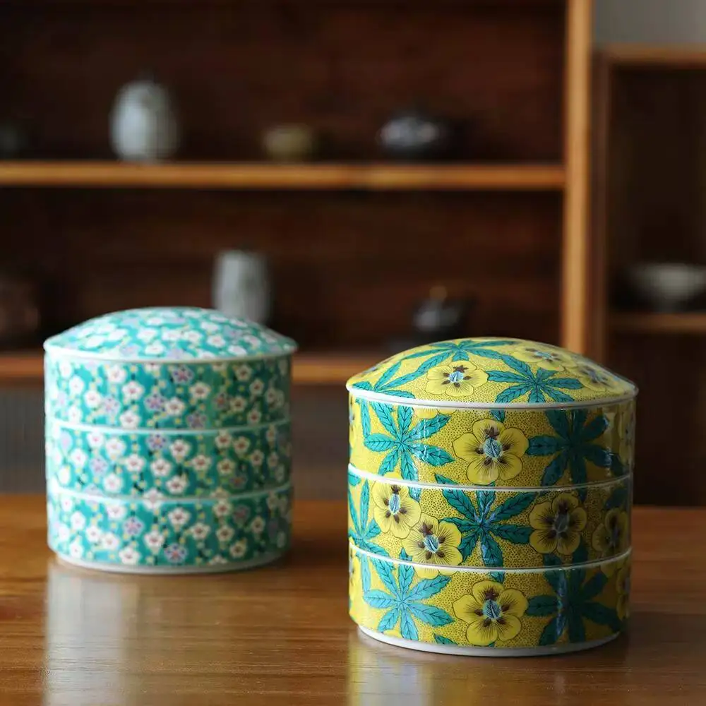 In Stock Japanese Imported Kutani Ware Painted Ceramic Stacking Food Round Storage Box For Dried Fruits, Snacks, And Candies