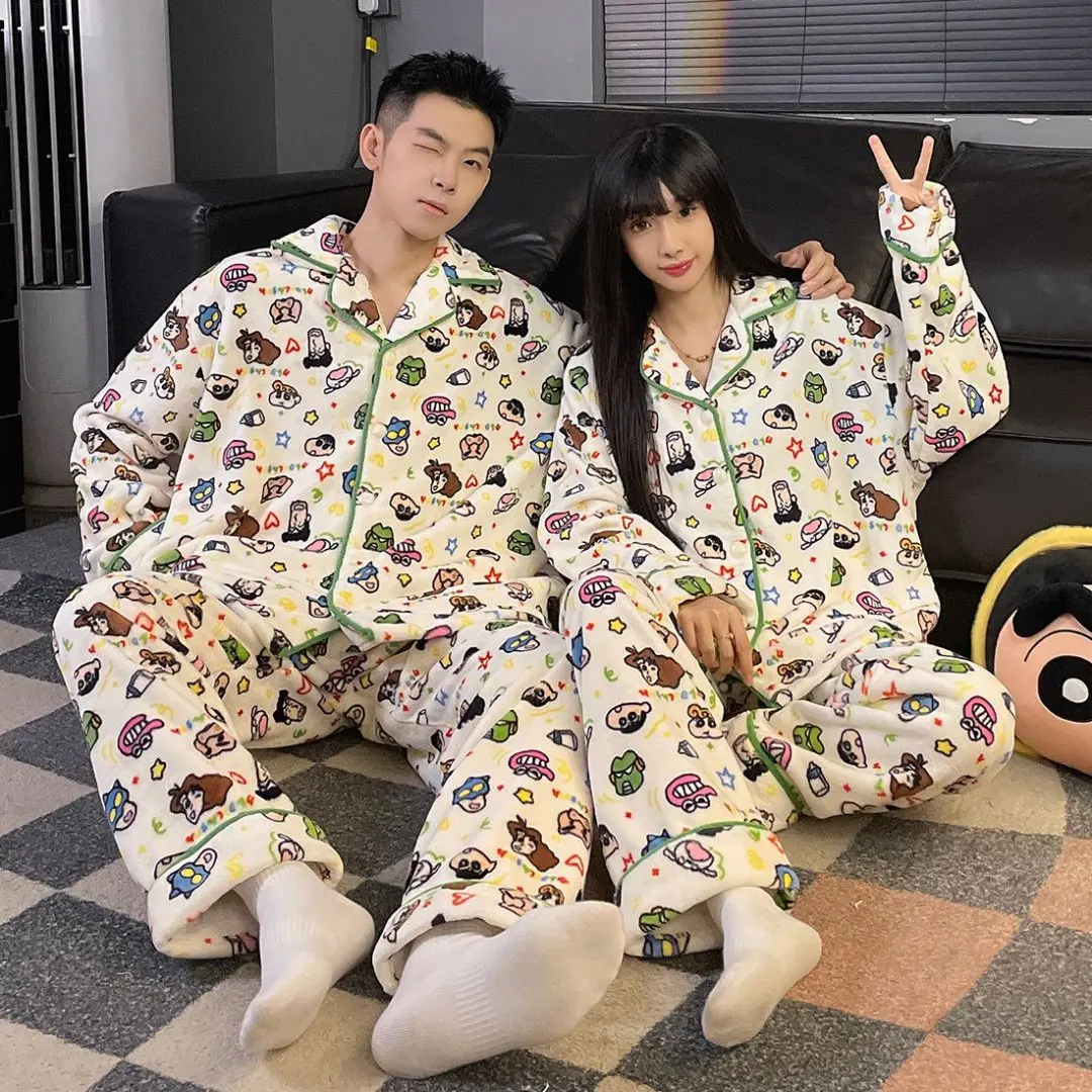 Anime Crayon Shin-Chan Paar Pyjama Set Mannen Vrouw Mode Toevallige Pyjama Dikker Warme Tops Broek Cartoon Flanel thuis Kleding