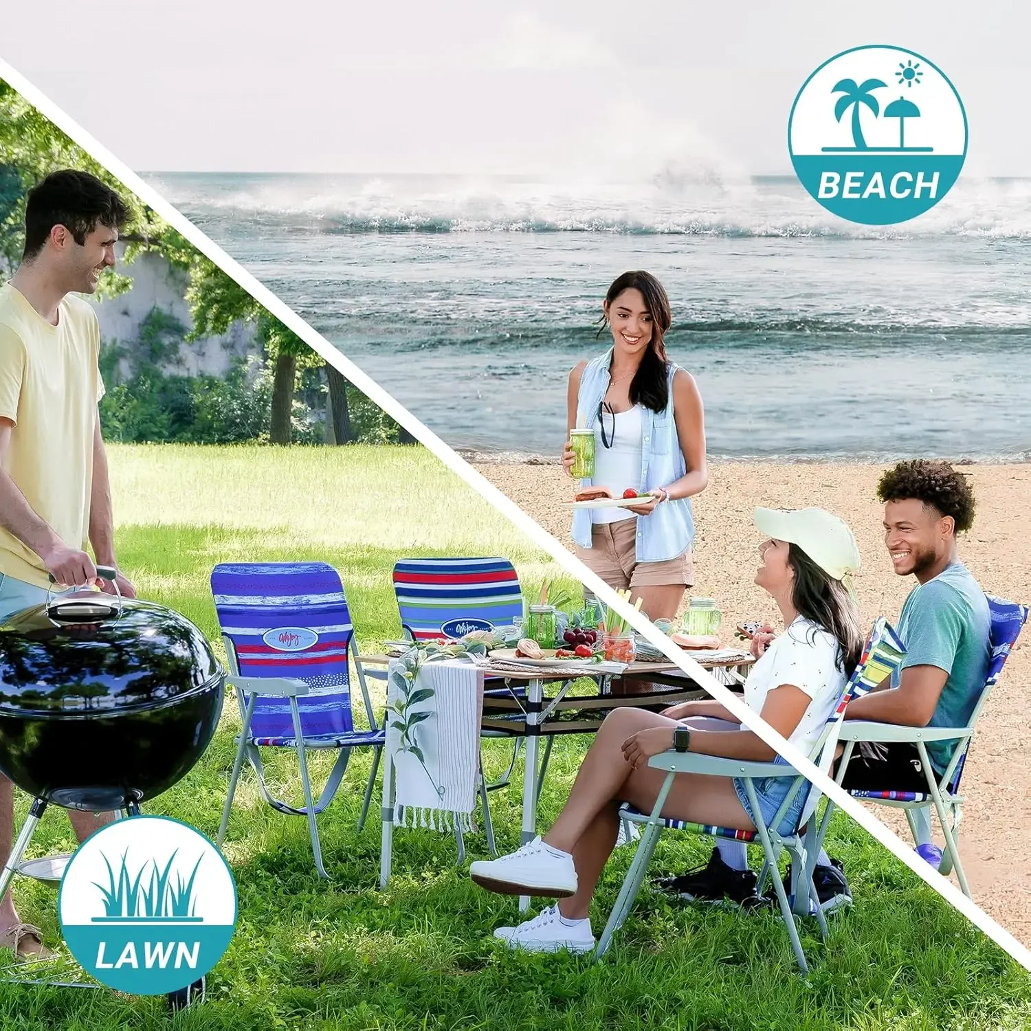 Folding Beach Chair for Adults, Lightweight Beach Chair with Shoulder Straps, High Back Beach Chairs with Hard Armrest, Cyan