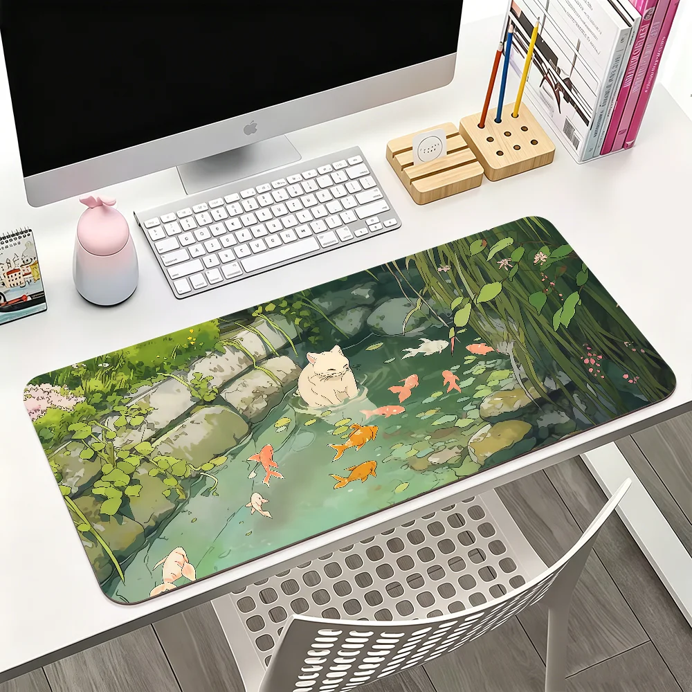 Cute Cartoon Cat Fish Lofi Mouse Pad For Office Gaming And Keyboards Non-Slip Large Waterproof