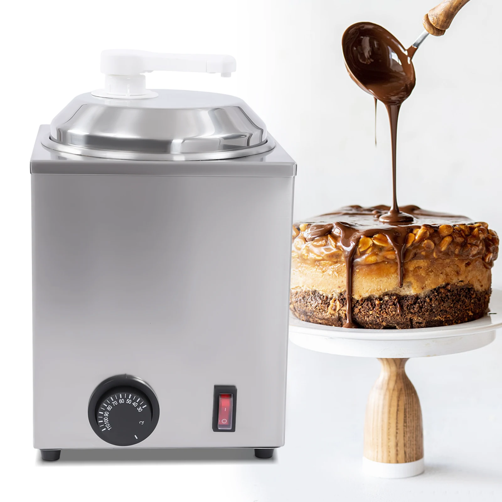 2.4Qt Electric Sauce Warmer Topping Hot Fudge Dispenser w/ Pump Single Head 650W Stainless Steel Cheese Warmer Dispenser