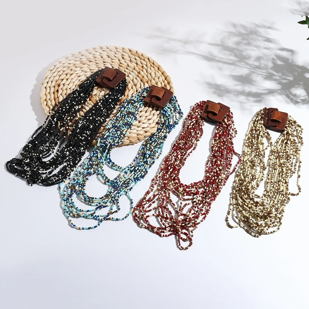 Newly Fashion Bohemian Colored Rice Bead Handmade Beaded Multi-layer Long Necklace Sweater Chain Women's Party Accessories