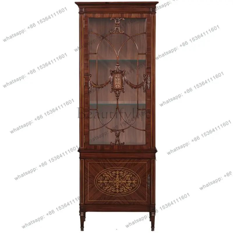 

Retro solid wood wine cabinet mahogany shell inlaid single door glass display cabinet