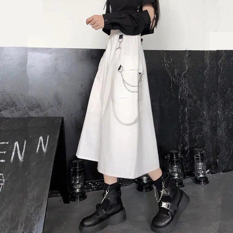 90S Solid Gothic Lange Techwear Rok Vrouwen Grunge Punk Hoge Taille Chain Pocket Band Black Cargo Rokken Goth Harajuku streetwear