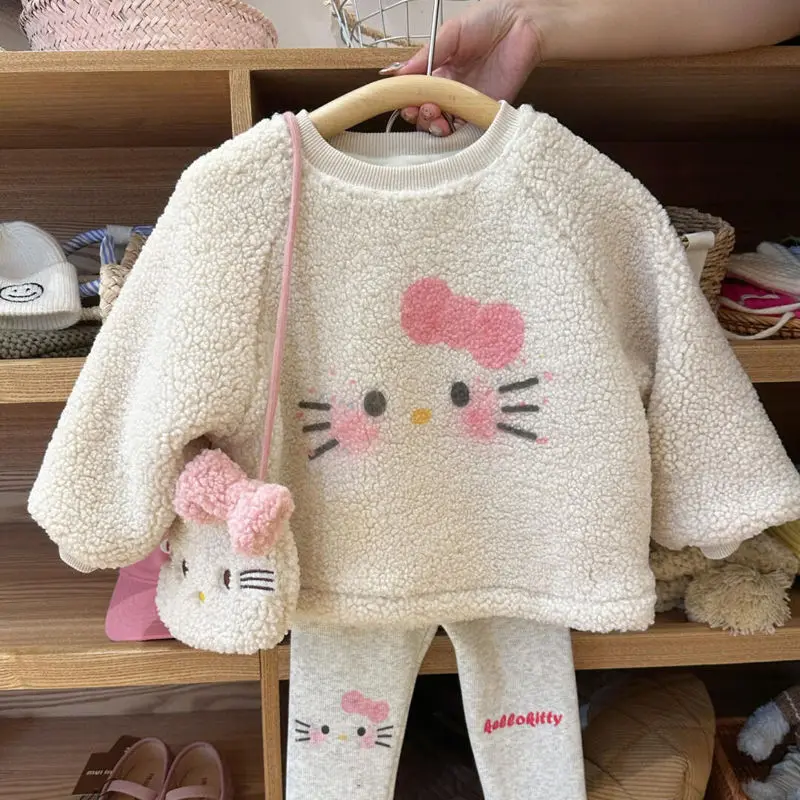 2 szt. Kawaii Hello Kittys dziewczyny jesienno-zimowa pluszowa bluza z motywem kreskówkowym garnitur nowe dzieci zagęszczone topy z długim rękawem spodnie śliczne