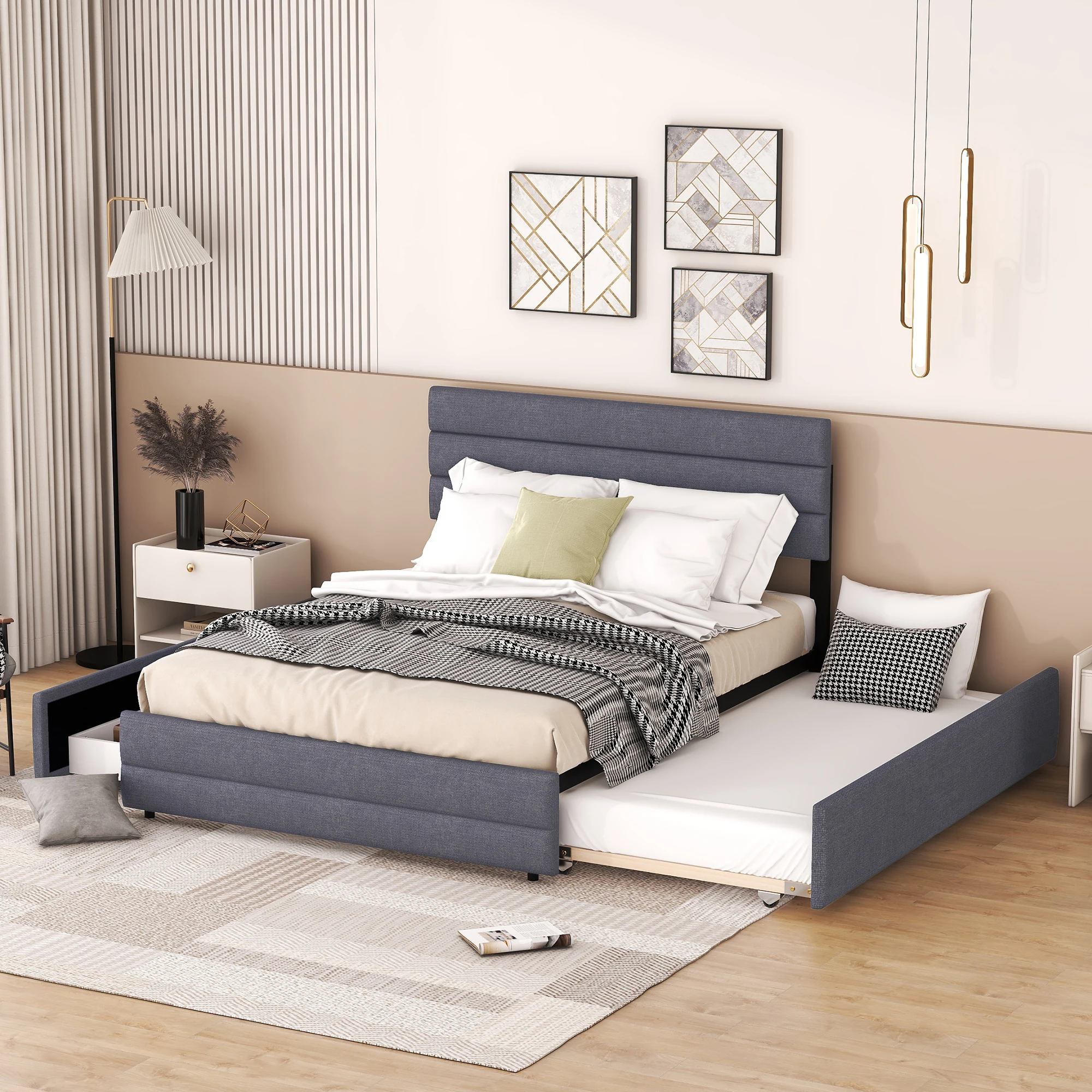 Lit gigogne 140x200 - Lit avec rangement extensible - Tiroirs pratiques - Adulte et ado - Lin gris