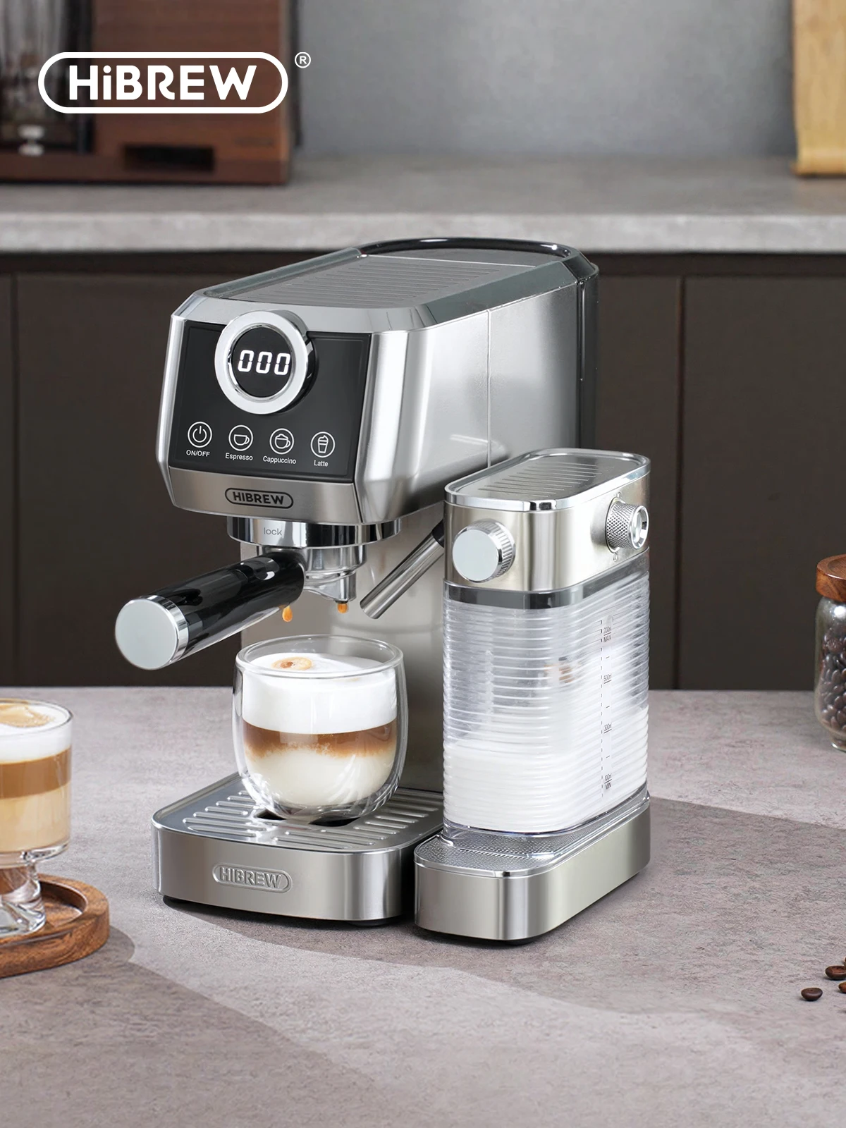HiBREW 3-in-1 halbautomatische Espresso-Cappuccino-Latte-Kaffeemaschine, automatischer Milchschaum, gemahlener Kaffee, Edelstahl H13A
