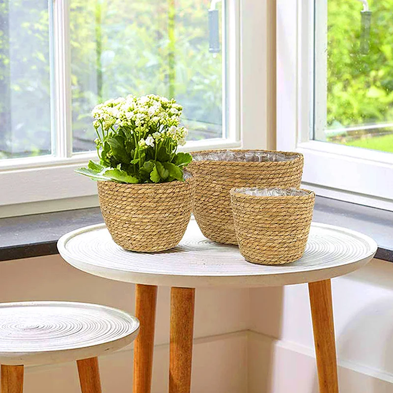 Rattan Woven Flowerpot Potted Handmade Flower Plant Container Garden Grass Planter Straw Basket Home Balcony Storage Decorative