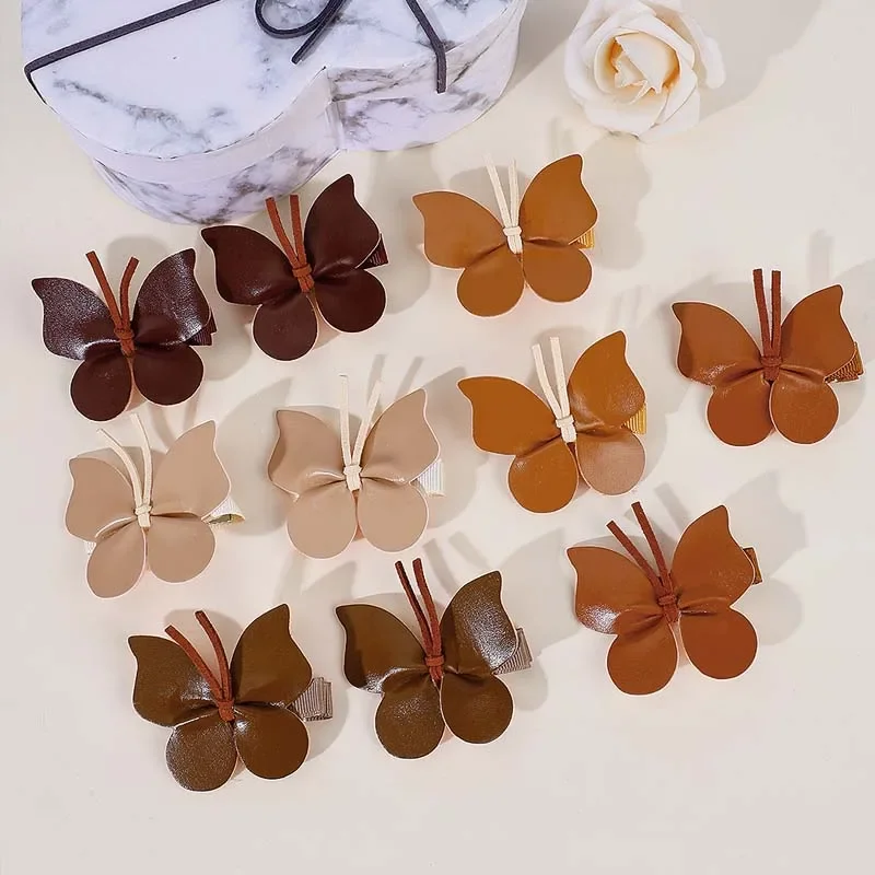 ncmama 2Pcs/Set PU leather Butterfly Hairpin For Baby Girl Retro Hair Bow Clip Chirdren Barrettes Kids Hair Accessories Headdres