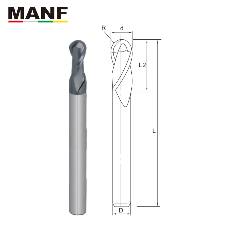 MANF 2 Flute Long End Mill HRC65 R2mm R3mm R4mm Ball Nose End Mills Tungsten Steel Milling Machining Sprial Milling Cutter