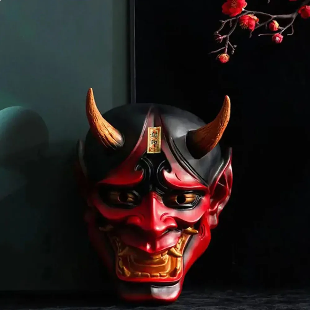 Helmet Demon Japanese Anime Ghost Warrior Ninja Killer Red-faced Shura,Halloween Cosplay Ghost Hannya Mask Prajna Resin Mask