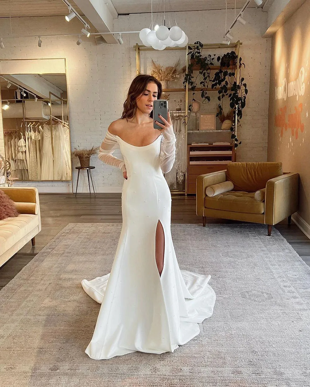 SoDigne Beads Pearl Mermaid Wedding Dresses Soft Satin Beach Bridal Gowns V-Neck Women Side Split Wedding Party Gown