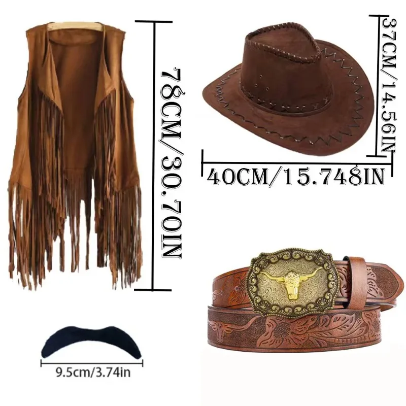 Western Cowboy-themed Costumes,Tassel vest belt cowboy hat fake mustache Suitable for Carnival Halloween Party Clothes Clubwear view 3