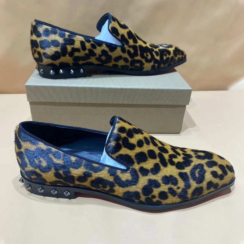 Men Loafer Rivets Decor Leopard Print Design Single Shoes New Office Business Dress Wedding Shoes Genuine Leather Men Male Shoes