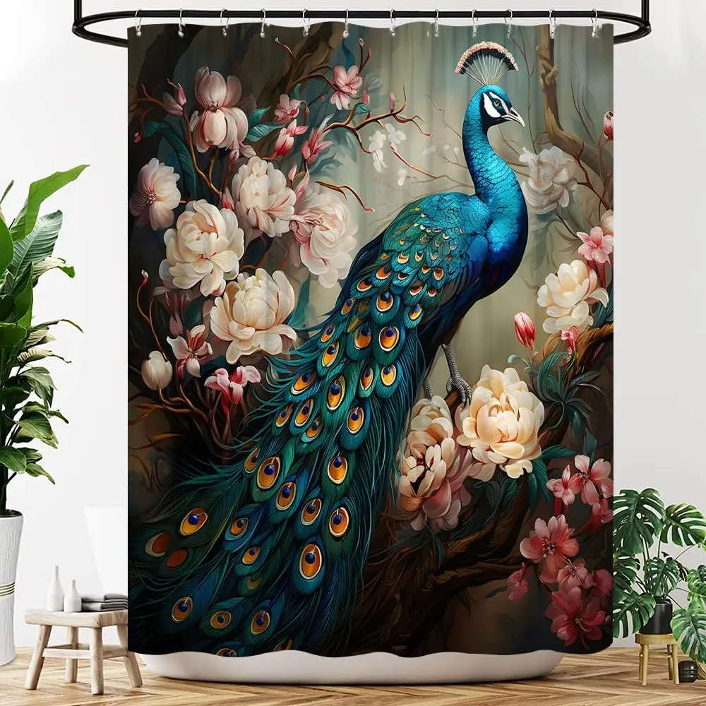 

Peacock Shower Curtain Turquoise Blue Green Animal Asian Japanese Chinese Style Retro Floral Women Girl Fabric Bathroom Decor