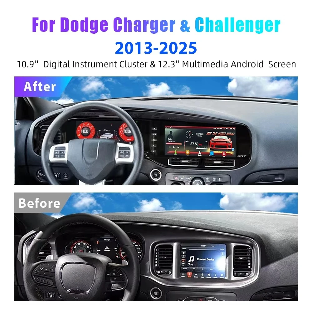 24'' Dual Screen Android Car DVD Player Digital Instrument Cluster for Dod-ge Challenger Hellcat & Charger 2013-2025 Dashboard
