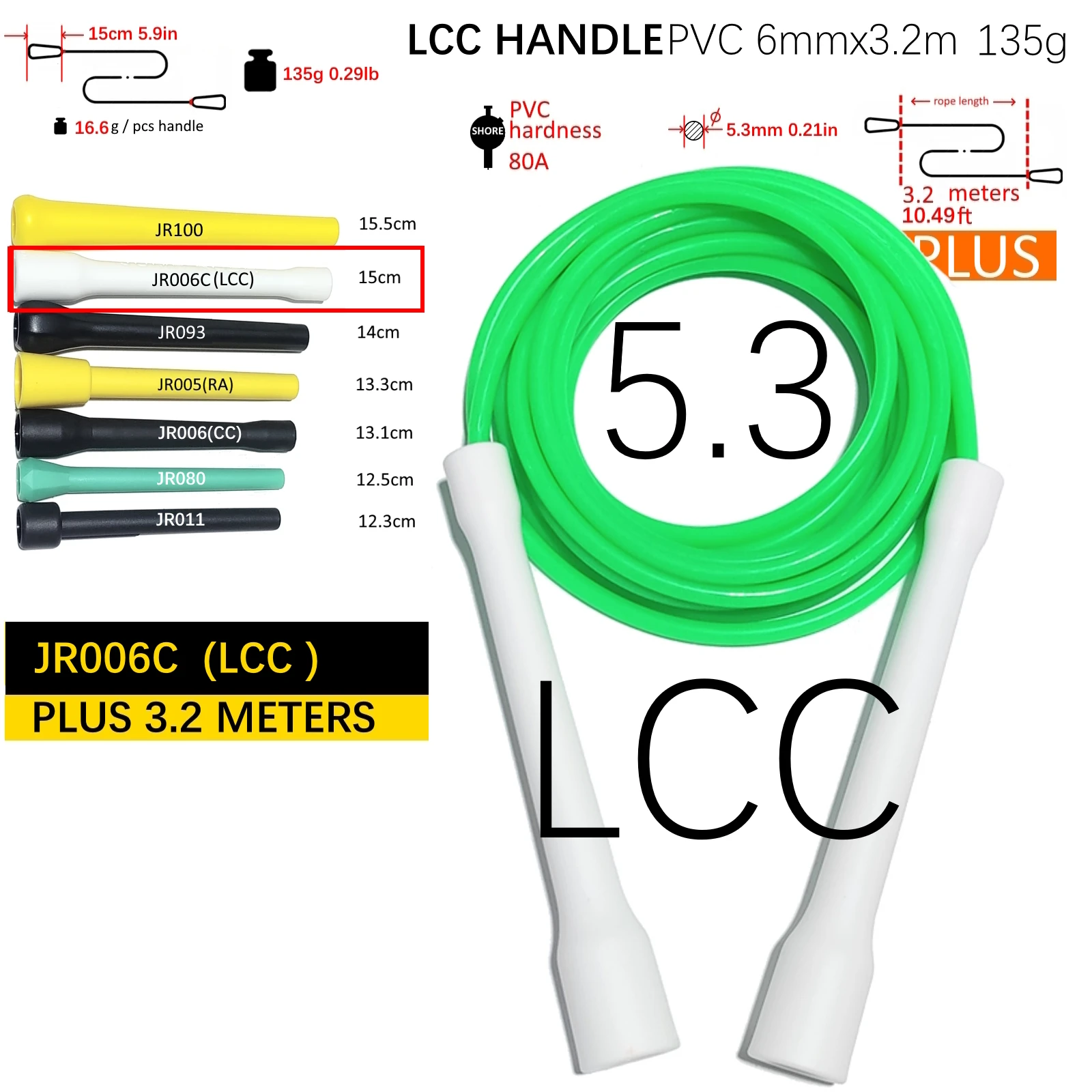 10.5ft plus long 3.2meters 15cmlong CC (LCC) handle 5.3mm diameter PVC rope with thread jump skip skipping rope