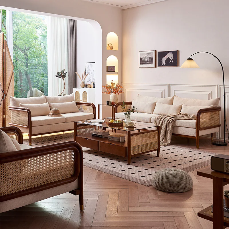 New Chinese rattan solid wood sofa wabi wind home living room fabric sofa sponge ash wood single and double three people