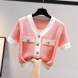 Summer Slim Fit Knitted Cardigan Women Korean Fashion Short Sleeve Sexy V-neck Contrast Color Crop Top Elegant French Shirt Y2k