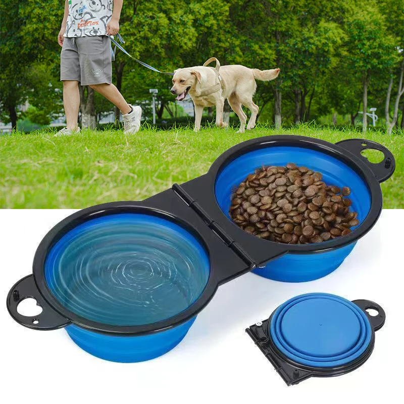 

2 In 1 Dog Bowl Portable Folding Pet Double Bowl Collapsible Silicone Water Bowls for dog outdoor travel cat dog feeding bowl