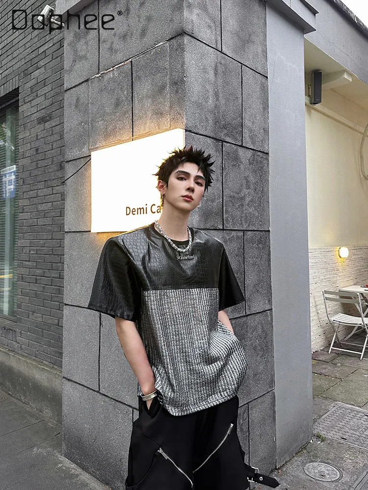 Summer American Retro Silver Croc Spliced Mesh T-shirt Men Hollow See-through Metallic Loose Round Neck Streetwear Black Top