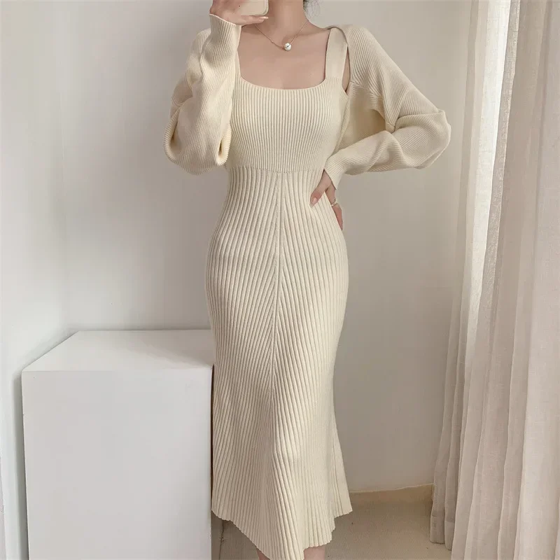 

French Elegant Slim Knit Women's Dress Spring Summer Cardigan with Sling Vest Skirt Korean Solid Color Casual Midi Party Dresses