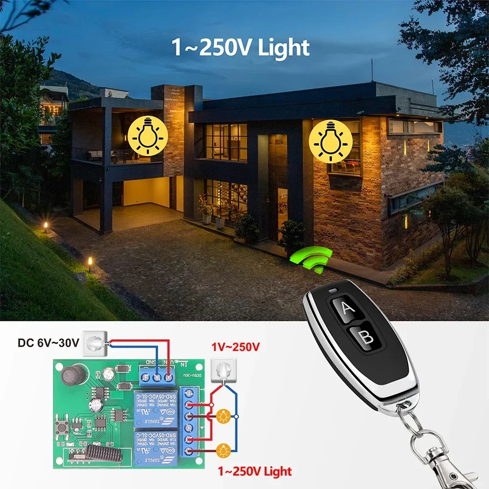 433MHz Universal Wireless Remote Control Switch DC 6V 12V 24V 2CH RF Receiver,50m Remote Controller,for Light/Gate/Motor/DIY