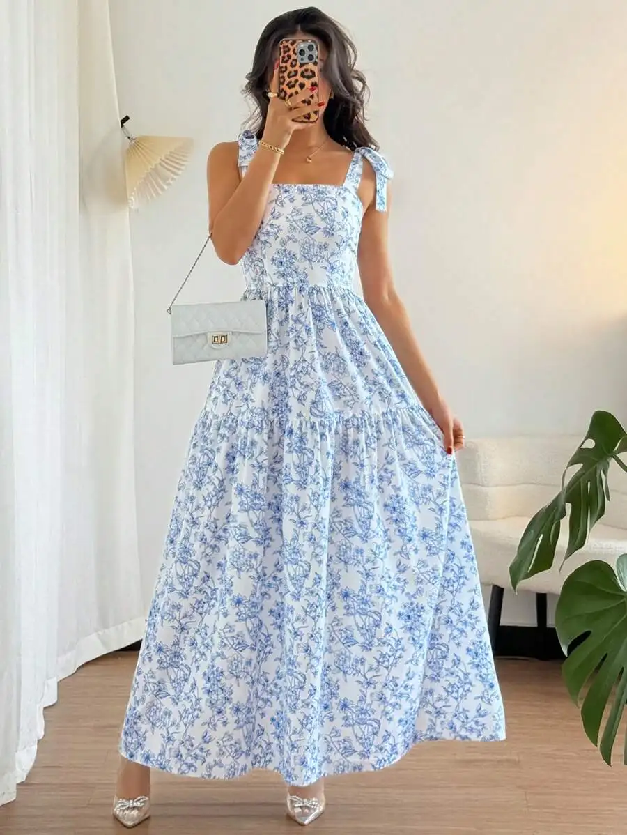 

Light Blue Floral Print Ruched Waist Tiered Maxi Dress, Sleeveless Square Neck Flowy Summer Dress