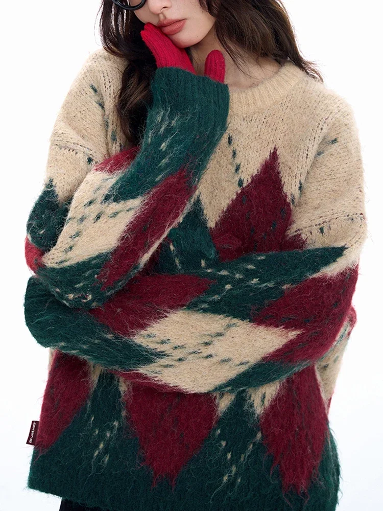 

Spliced Christmas Hot Red Diamond Grid Top Checkered Round Neck Knit Long Sleeve Retro Sweater Women Street Design Loose Casual