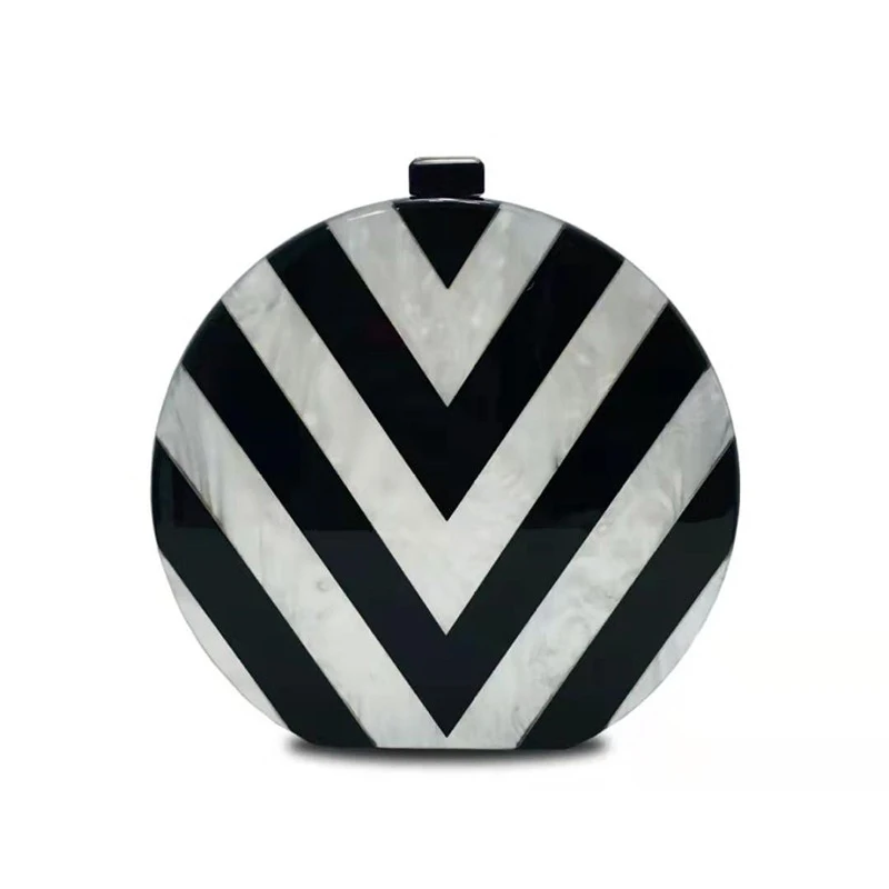 Fashion Circular Acrylic Evening Bag Black Base White V Striped Pattern Clutchs Purse Luxury Brand Handbags Chain Crossbody Bags