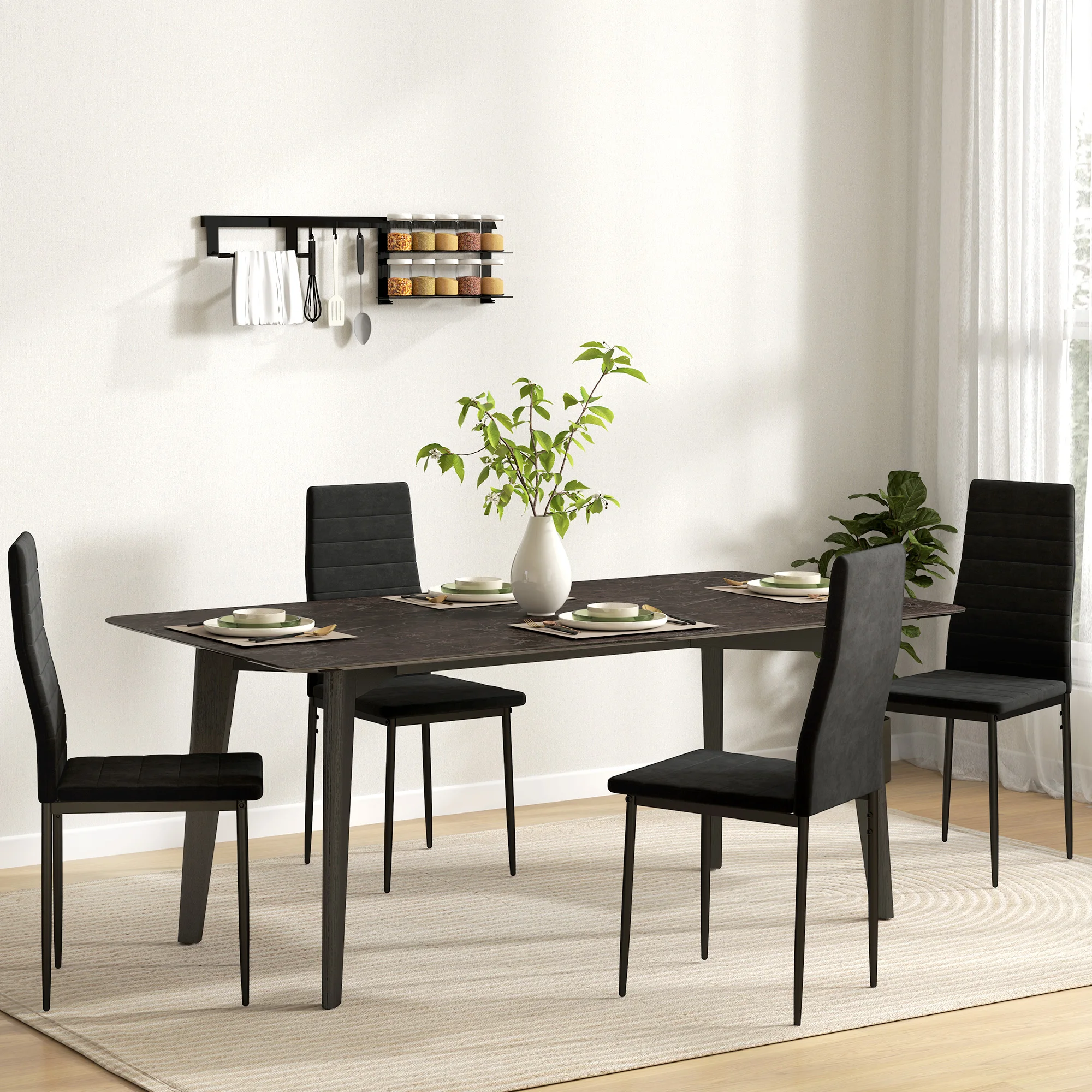 HOMCOM Esszimmerstühle 4er-Set Küchenstuhl mit Rückenlehne, Samtoptik, Armlose Stühle, Polsterstuhl mit Metallbeine, Sessel für Esszimmer, Wohnzimmer, Schwarz