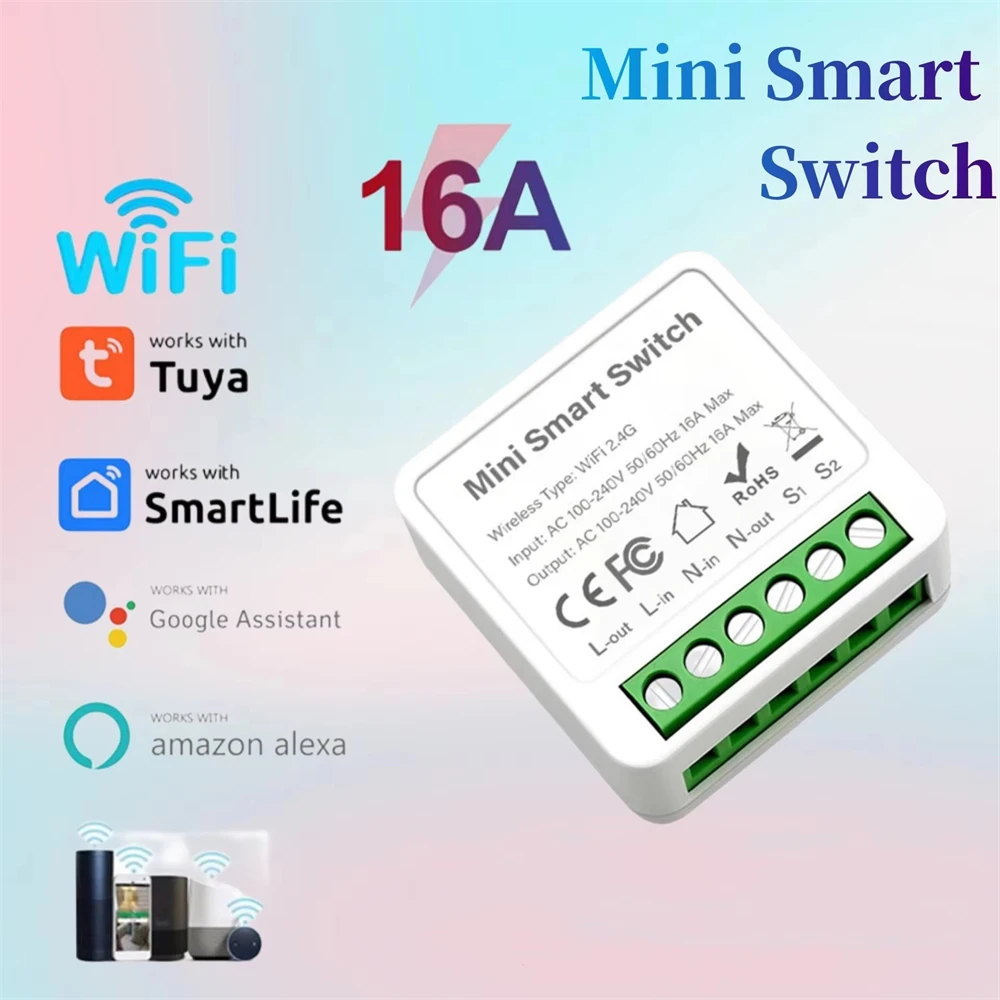 Tuya Mini 16A WiFi Switch Smart Life App 2 Way Control Smart Home Automation Module Interruptor Work for Alexa Google Home