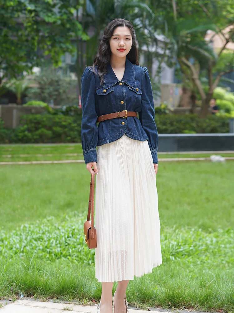 

Sli Versatile ort Denim Top with Belt for Women Ele Faionable French Sle Cotton Long Sve Slim Fit irt