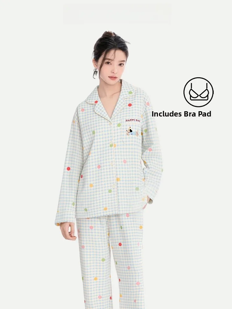 

PinkBread Sweet Cartoon Sausage Dog Ladies Sleepwear with Chest Pad Pure Cotton Home Clothes Outerwear Suitable for Autumn Sp...
