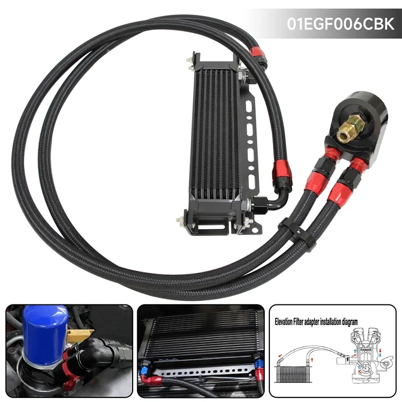 

Universal 9 Row AN10 Engine Oil Cooler w/ Mounting Bracket + Elevation Adapter hose Kit Black For audi q7