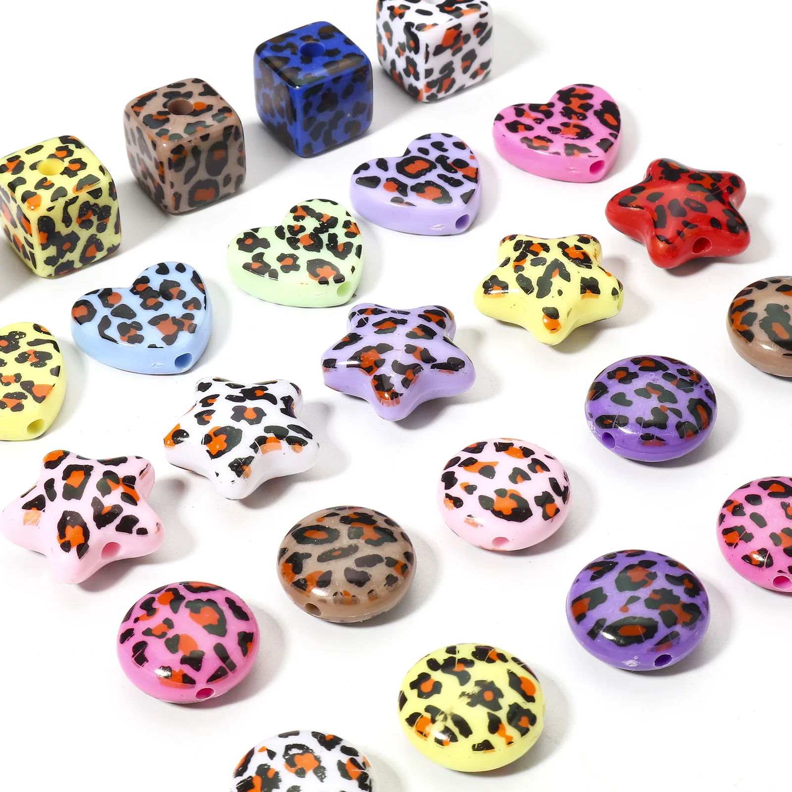 10pcs New Acrylic Beads Mixed Color Cube Heart Round Star Leopard Print Spacer Beads For DIY Necklace Jewelry Making Findings