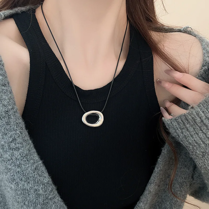 Punk Large U-Shape Geometric Pendant Necklace Women MenHorseshoe Adjustable Long Leather Rope Sweater Chain Necklaces Jewelry image 3