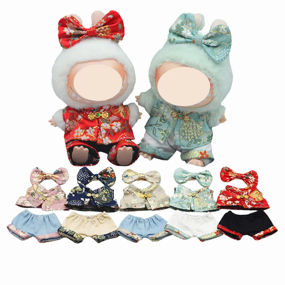 Chinese Style For 17cm Labubu Doll Clothes Fashion Vest Color Match Denim Shorts Doll Accessories Cute Decoration Little Clothes