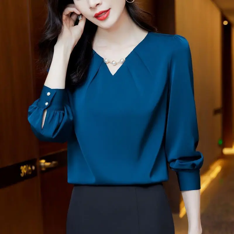 High-End Elegant Fashion Embroidered Flares Chic Solid Color Blouses 2023 New Office Lady Women\'s Clothing Korean Top T-Shirt