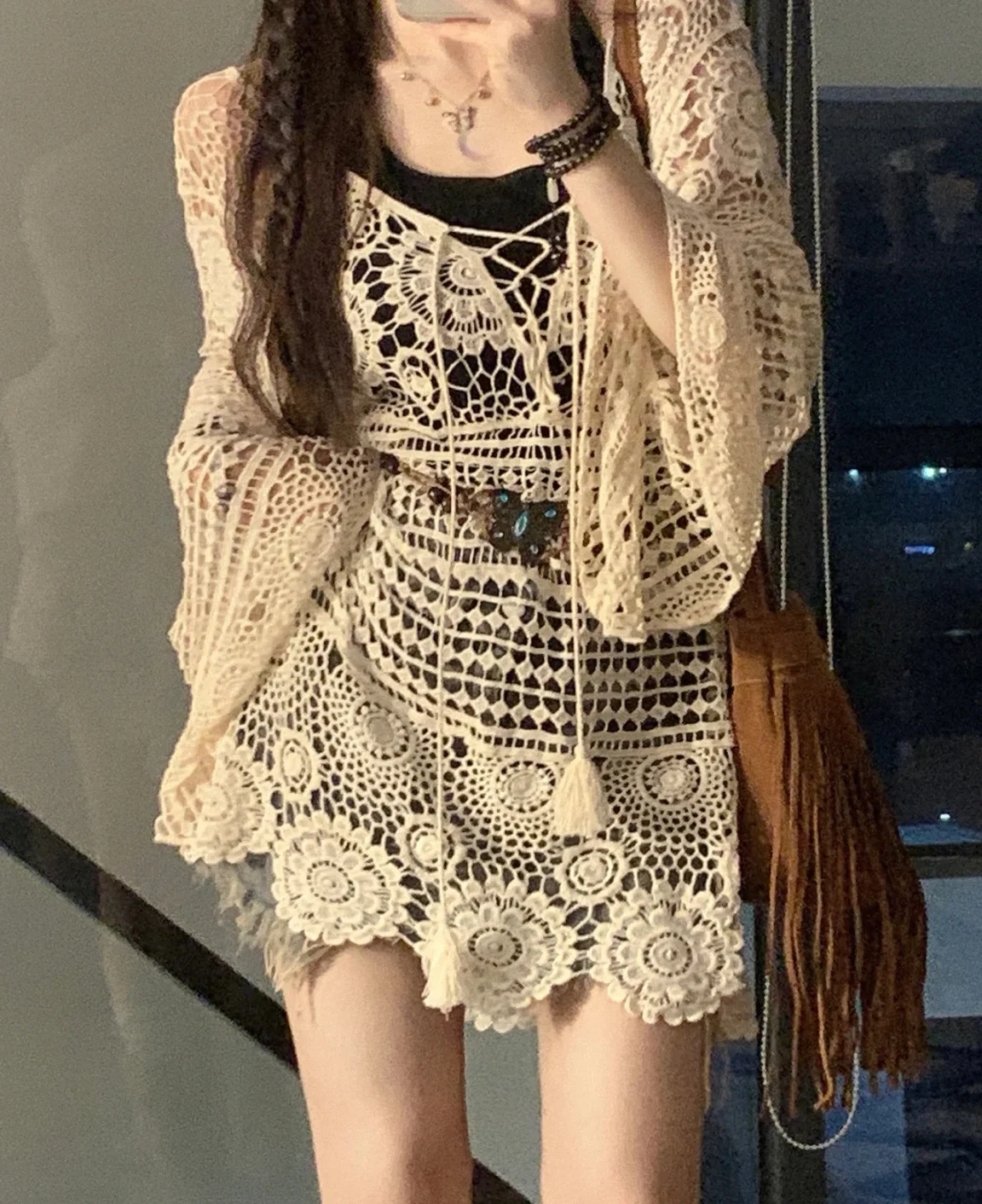 Boho Crochet Lace Blouse Summer Beach Cover Up Flare Long Sleeve Crisscross Drawstring Openwork Knit Tunic Top Vacation Resort