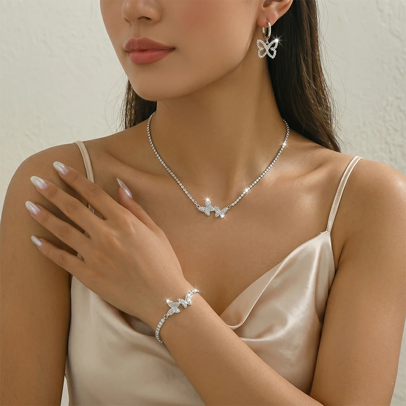 4PCS Fashionable Jewelry Set | Including Earrings, Necklace, Bracelet, And Butterfly Pendant - Perfect for Parties And Weddings